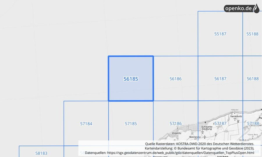 Übersichtskarte des KOSTRA-DWD-2020-Rasterfeldes Nr. 56185