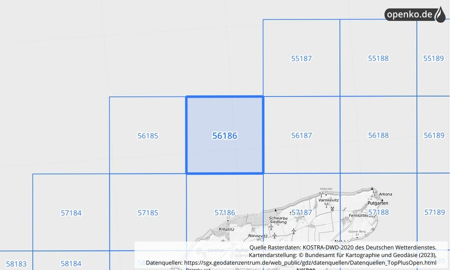 Übersichtskarte des KOSTRA-DWD-2020-Rasterfeldes Nr. 56186