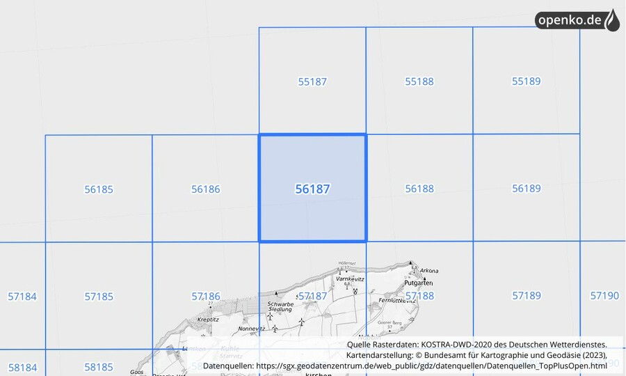 Übersichtskarte des KOSTRA-DWD-2020-Rasterfeldes Nr. 56187