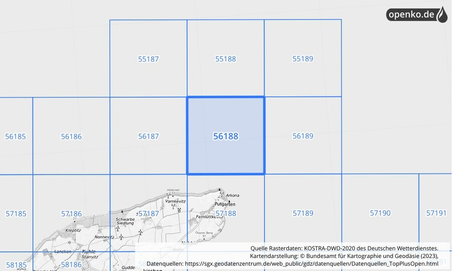 Übersichtskarte des KOSTRA-DWD-2020-Rasterfeldes Nr. 56188