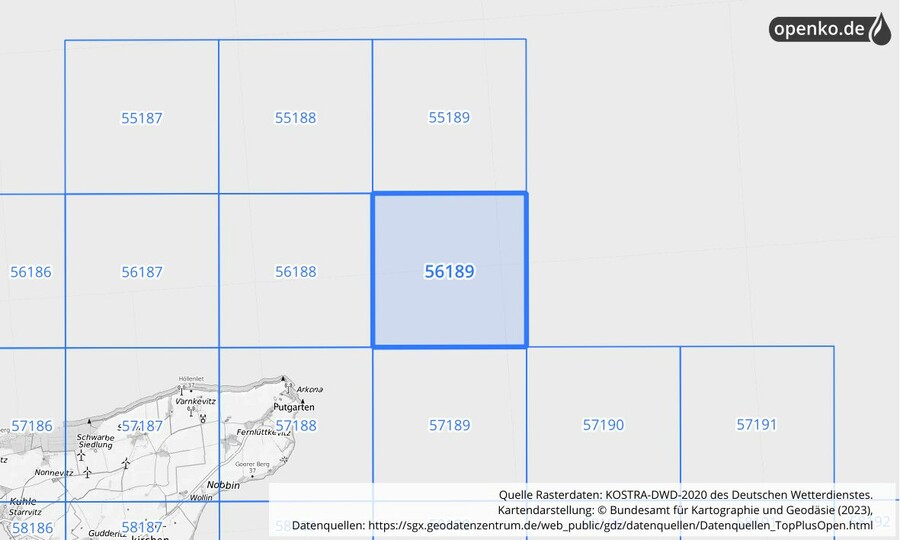 Übersichtskarte des KOSTRA-DWD-2020-Rasterfeldes Nr. 56189