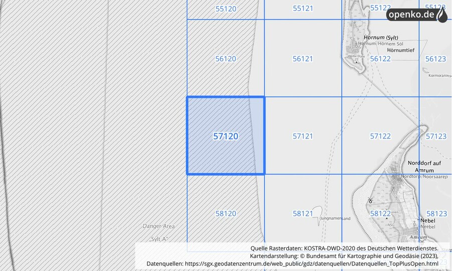 Übersichtskarte des KOSTRA-DWD-2020-Rasterfeldes Nr. 57120