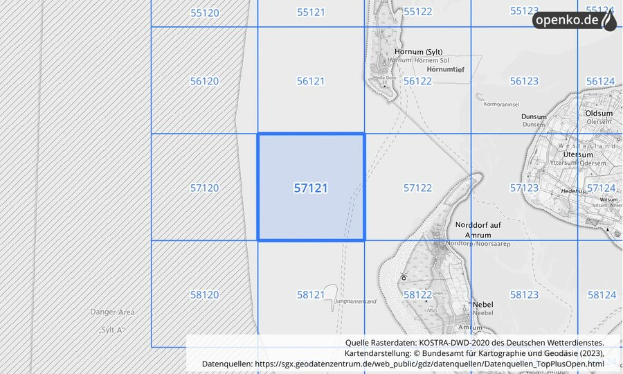 Übersichtskarte des KOSTRA-DWD-2020-Rasterfeldes Nr. 57121