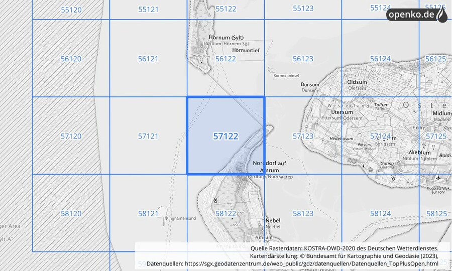 Übersichtskarte des KOSTRA-DWD-2020-Rasterfeldes Nr. 57122