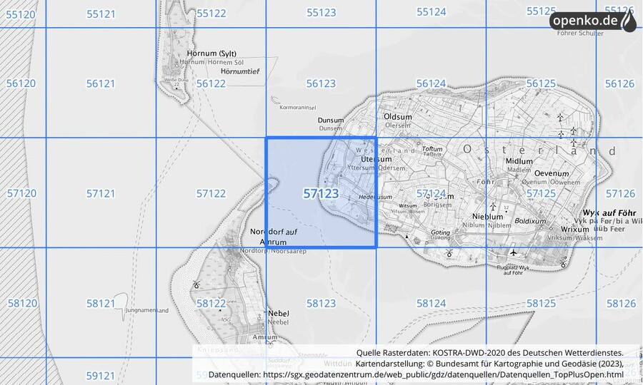 Übersichtskarte des KOSTRA-DWD-2020-Rasterfeldes Nr. 57123