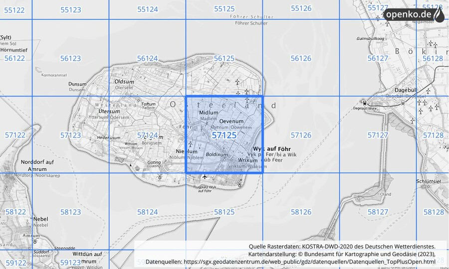 Übersichtskarte des KOSTRA-DWD-2020-Rasterfeldes Nr. 57125