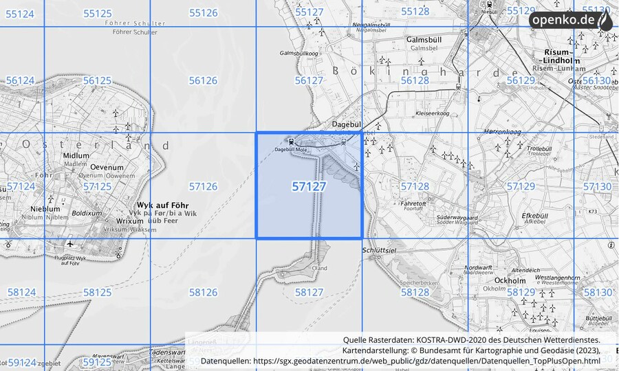 Übersichtskarte des KOSTRA-DWD-2020-Rasterfeldes Nr. 57127