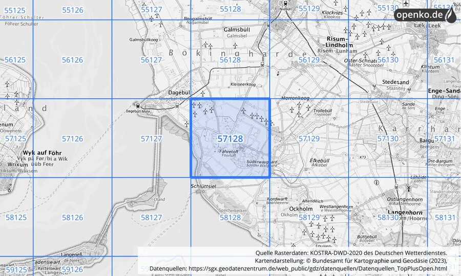 Übersichtskarte des KOSTRA-DWD-2020-Rasterfeldes Nr. 57128