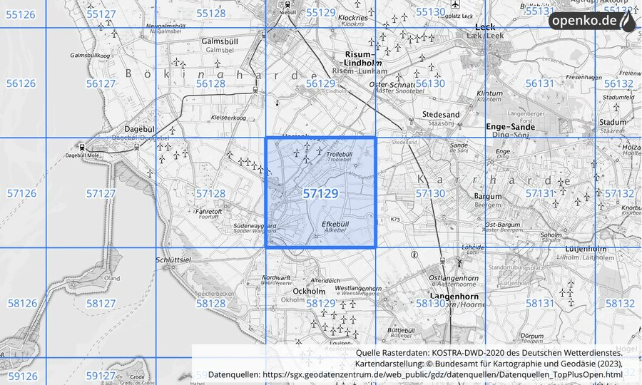 Übersichtskarte des KOSTRA-DWD-2020-Rasterfeldes Nr. 57129