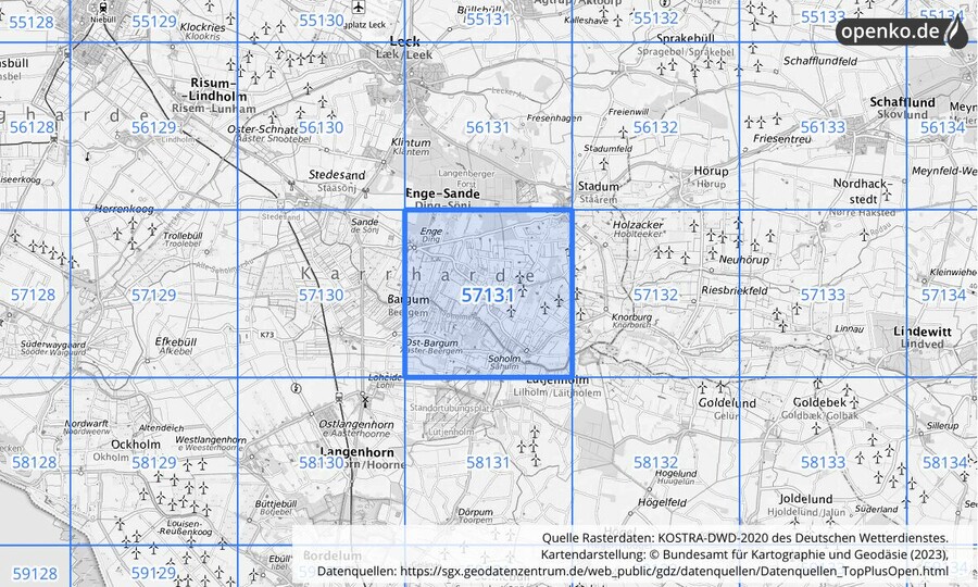 Übersichtskarte des KOSTRA-DWD-2020-Rasterfeldes Nr. 57131