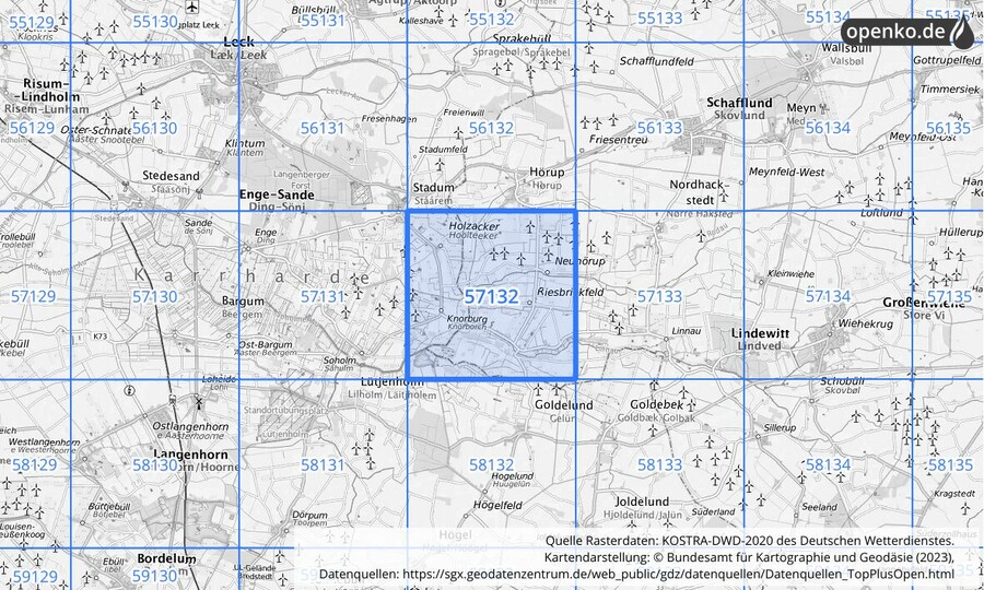 Übersichtskarte des KOSTRA-DWD-2020-Rasterfeldes Nr. 57132