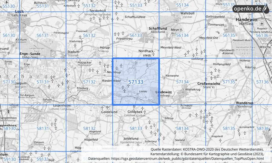 Übersichtskarte des KOSTRA-DWD-2020-Rasterfeldes Nr. 57133
