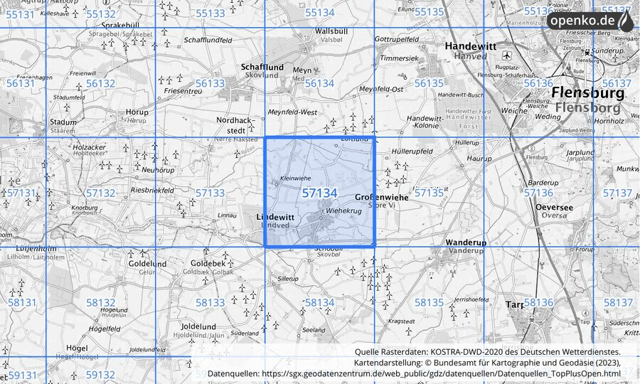 Übersichtskarte des KOSTRA-DWD-2020-Rasterfeldes Nr. 57134