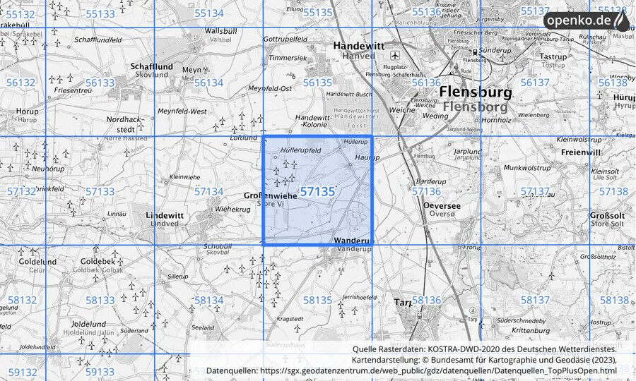 Übersichtskarte des KOSTRA-DWD-2020-Rasterfeldes Nr. 57135