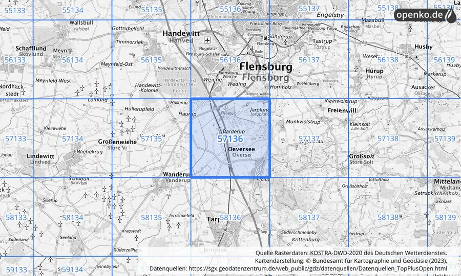 Übersichtskarte des KOSTRA-DWD-2020-Rasterfeldes Nr. 57136
