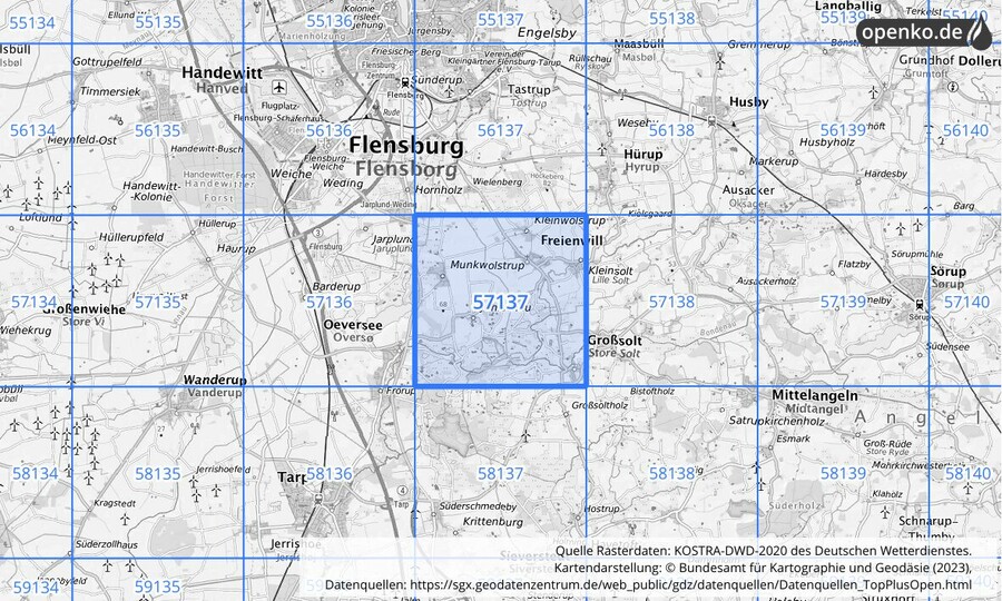 Übersichtskarte des KOSTRA-DWD-2020-Rasterfeldes Nr. 57137
