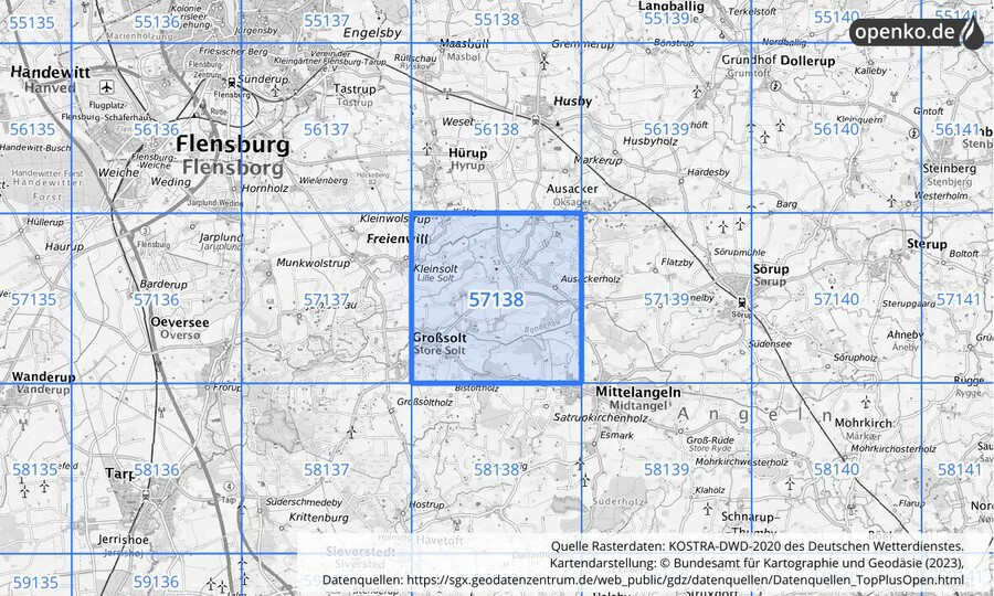Übersichtskarte des KOSTRA-DWD-2020-Rasterfeldes Nr. 57138