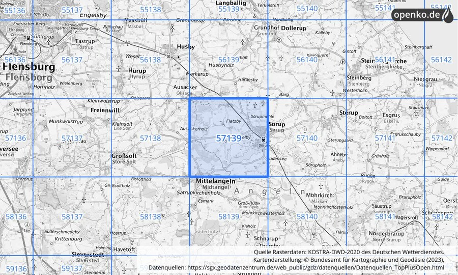 Übersichtskarte des KOSTRA-DWD-2020-Rasterfeldes Nr. 57139