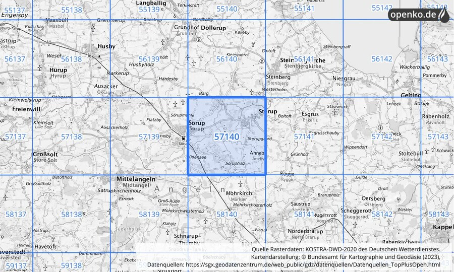 Übersichtskarte des KOSTRA-DWD-2020-Rasterfeldes Nr. 57140