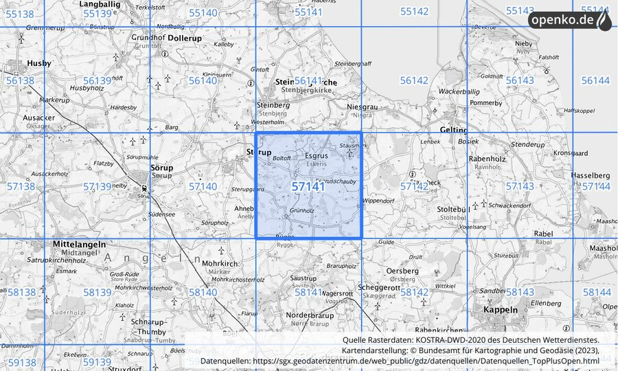 Übersichtskarte des KOSTRA-DWD-2020-Rasterfeldes Nr. 57141