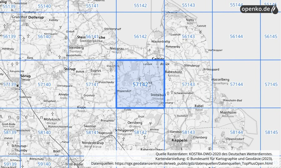 Übersichtskarte des KOSTRA-DWD-2020-Rasterfeldes Nr. 57142