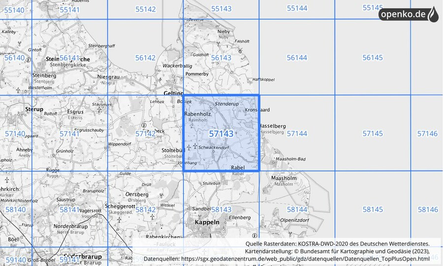 Übersichtskarte des KOSTRA-DWD-2020-Rasterfeldes Nr. 57143