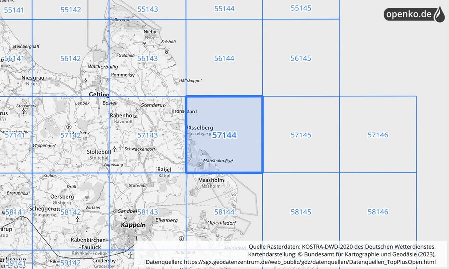 Übersichtskarte des KOSTRA-DWD-2020-Rasterfeldes Nr. 57144
