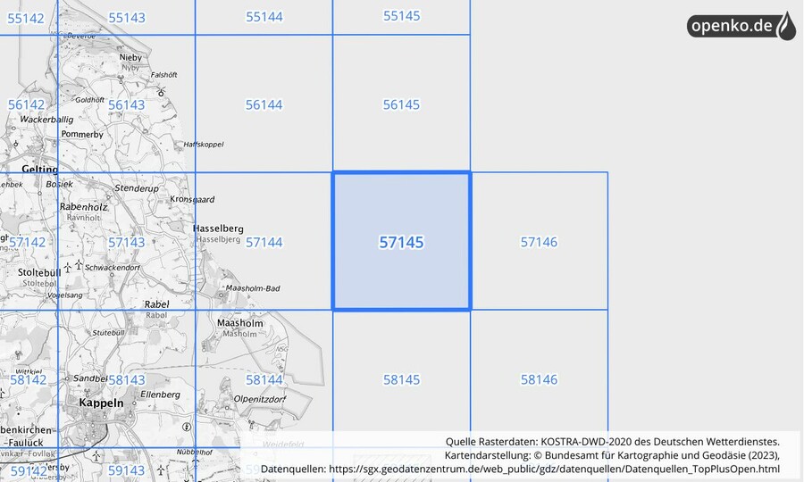 Übersichtskarte des KOSTRA-DWD-2020-Rasterfeldes Nr. 57145