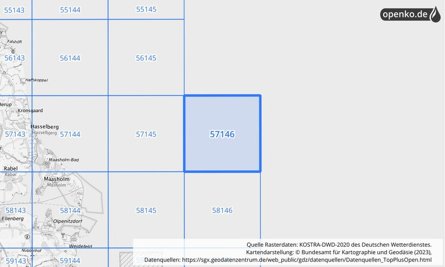 Übersichtskarte des KOSTRA-DWD-2020-Rasterfeldes Nr. 57146