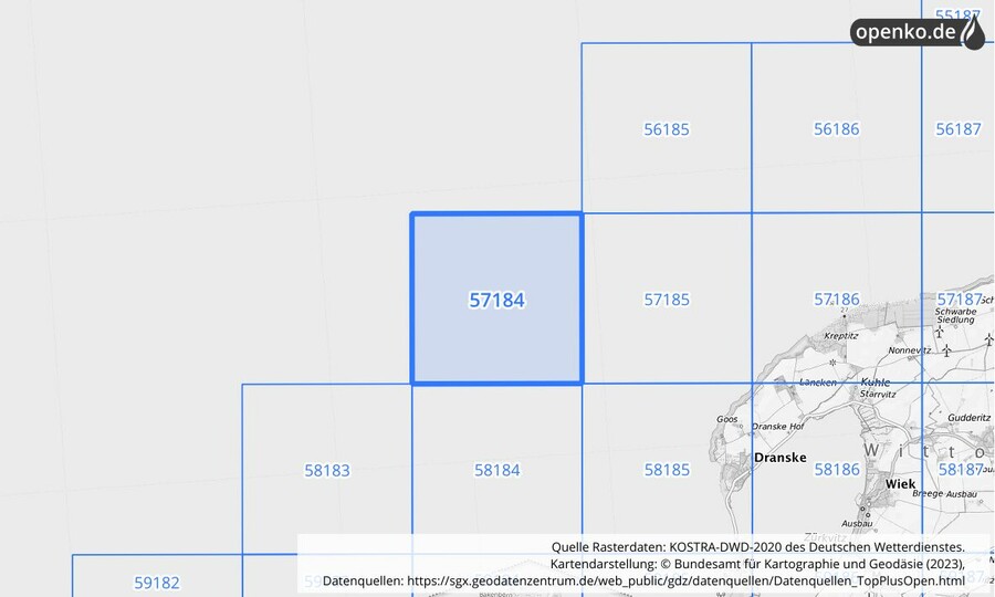 Übersichtskarte des KOSTRA-DWD-2020-Rasterfeldes Nr. 57184