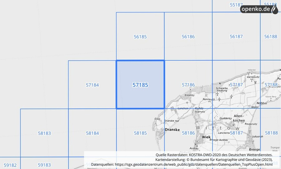 Übersichtskarte des KOSTRA-DWD-2020-Rasterfeldes Nr. 57185