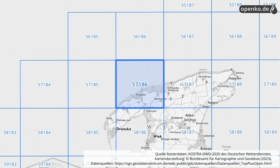 Übersichtskarte des KOSTRA-DWD-2020-Rasterfeldes Nr. 57186