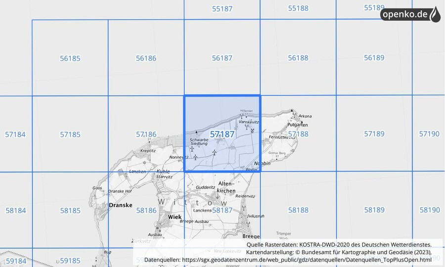 Übersichtskarte des KOSTRA-DWD-2020-Rasterfeldes Nr. 57187
