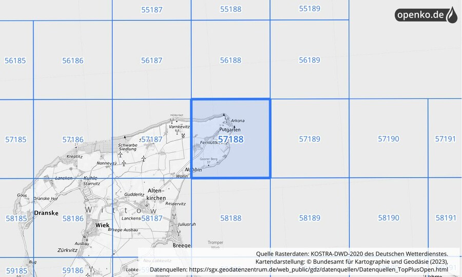 Übersichtskarte des KOSTRA-DWD-2020-Rasterfeldes Nr. 57188