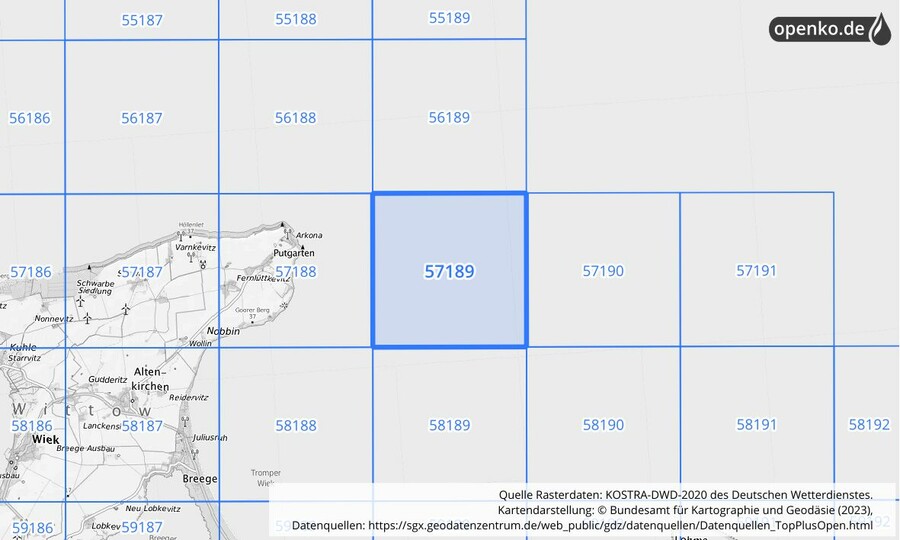 Übersichtskarte des KOSTRA-DWD-2020-Rasterfeldes Nr. 57189