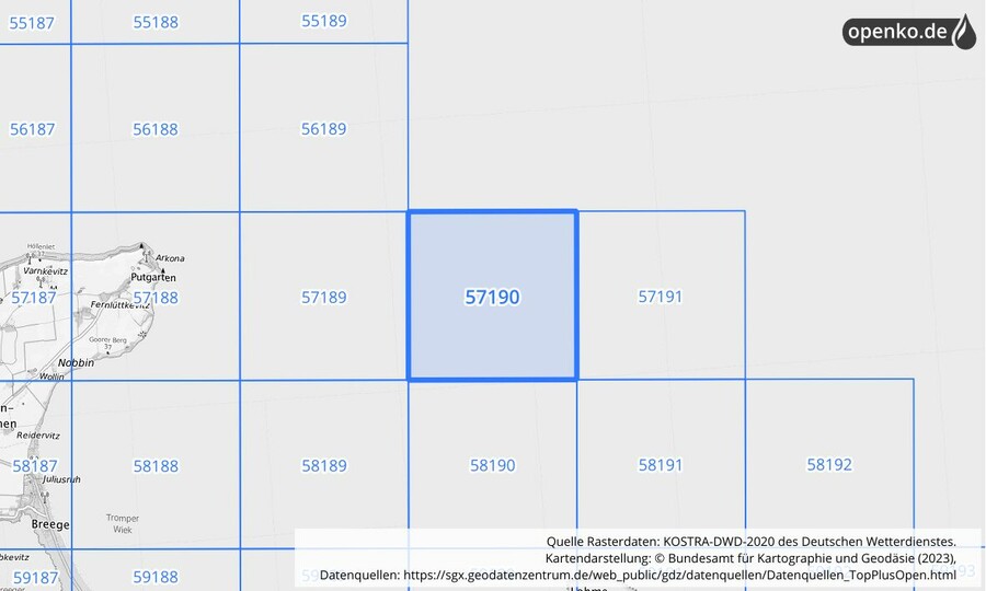 Übersichtskarte des KOSTRA-DWD-2020-Rasterfeldes Nr. 57190