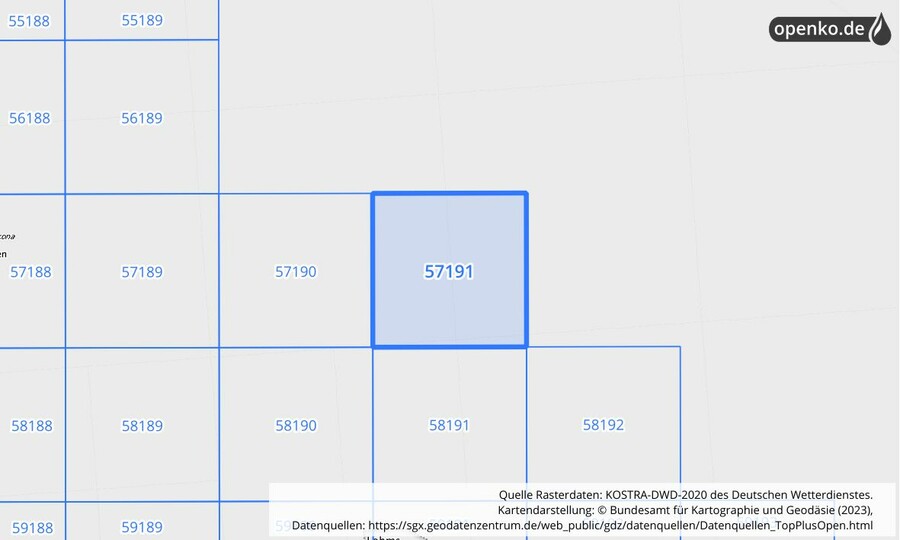 Übersichtskarte des KOSTRA-DWD-2020-Rasterfeldes Nr. 57191