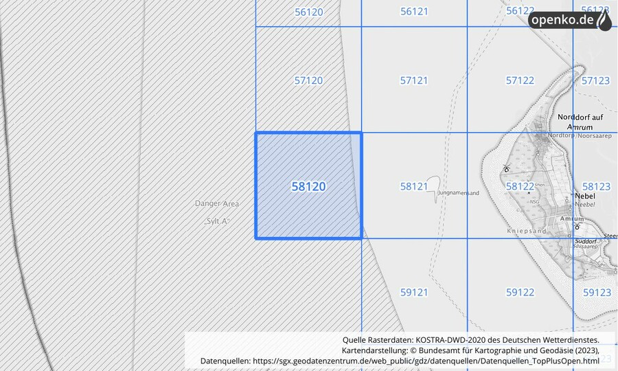 Übersichtskarte des KOSTRA-DWD-2020-Rasterfeldes Nr. 58120