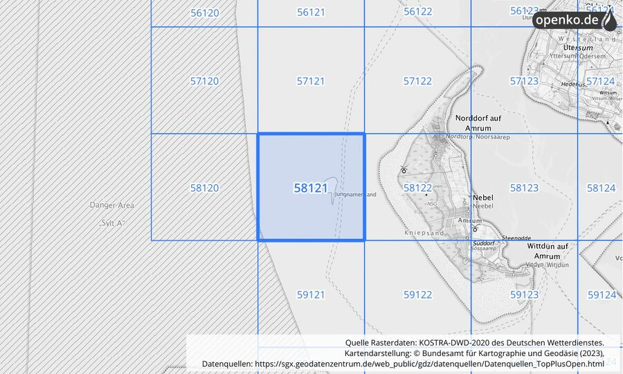 Übersichtskarte des KOSTRA-DWD-2020-Rasterfeldes Nr. 58121