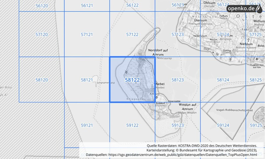 Übersichtskarte des KOSTRA-DWD-2020-Rasterfeldes Nr. 58122