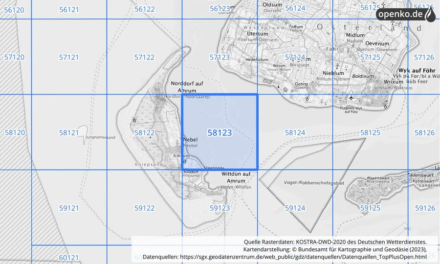 Übersichtskarte des KOSTRA-DWD-2020-Rasterfeldes Nr. 58123