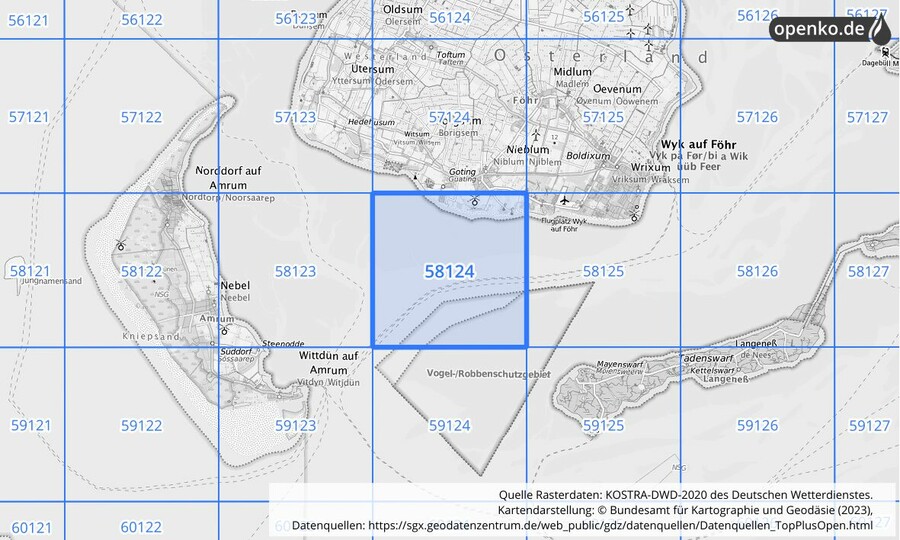 Übersichtskarte des KOSTRA-DWD-2020-Rasterfeldes Nr. 58124