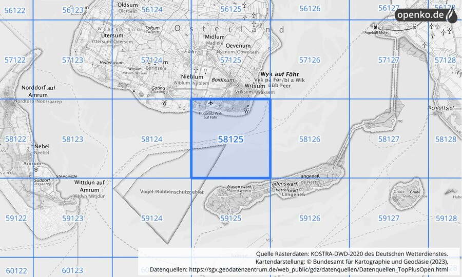 Übersichtskarte des KOSTRA-DWD-2020-Rasterfeldes Nr. 58125