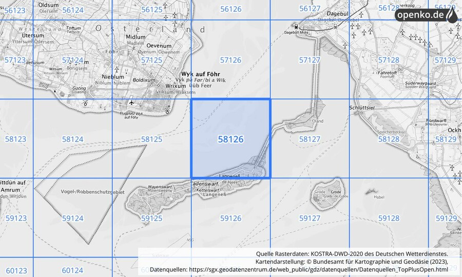 Übersichtskarte des KOSTRA-DWD-2020-Rasterfeldes Nr. 58126