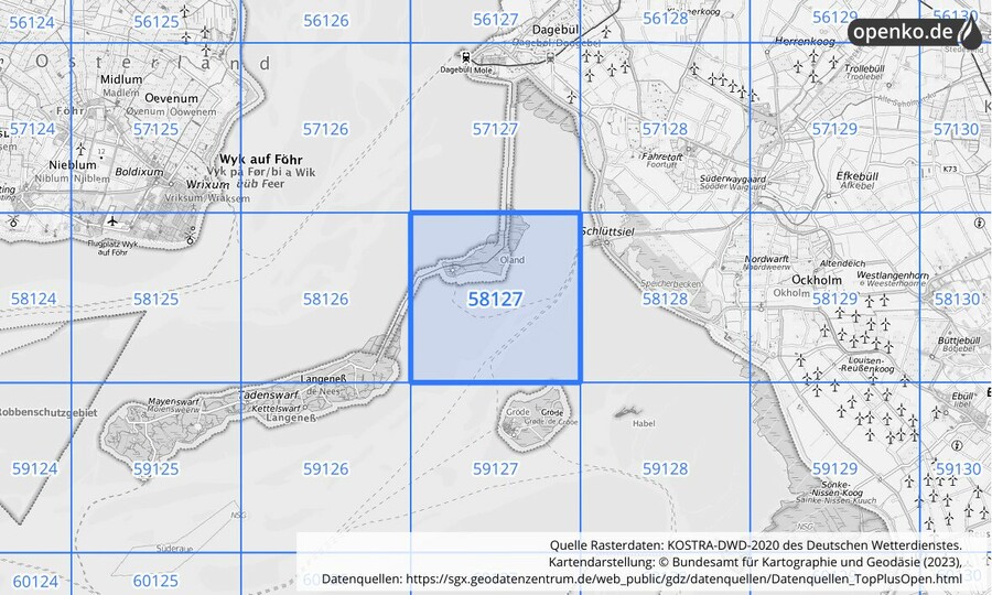 Übersichtskarte des KOSTRA-DWD-2020-Rasterfeldes Nr. 58127