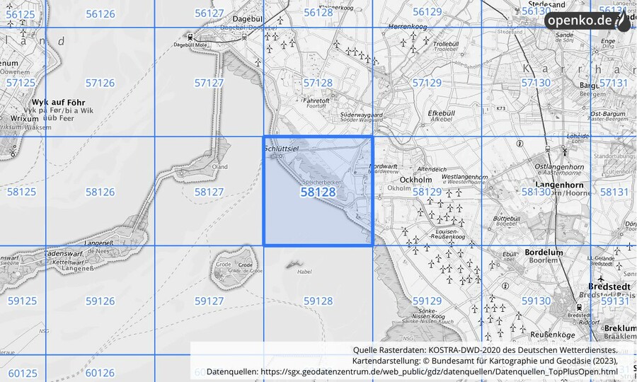 Übersichtskarte des KOSTRA-DWD-2020-Rasterfeldes Nr. 58128