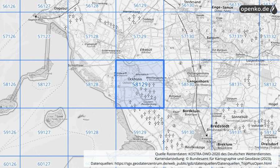 Übersichtskarte des KOSTRA-DWD-2020-Rasterfeldes Nr. 58129