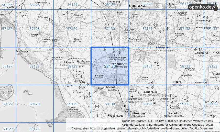 Übersichtskarte des KOSTRA-DWD-2020-Rasterfeldes Nr. 58130