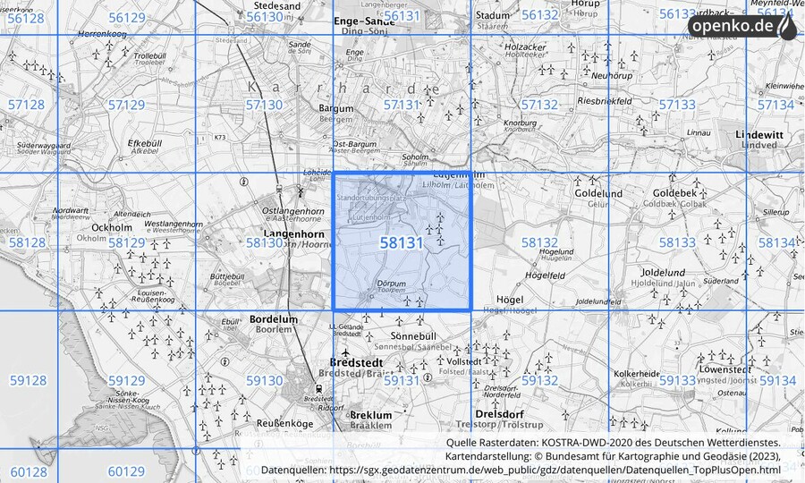Übersichtskarte des KOSTRA-DWD-2020-Rasterfeldes Nr. 58131