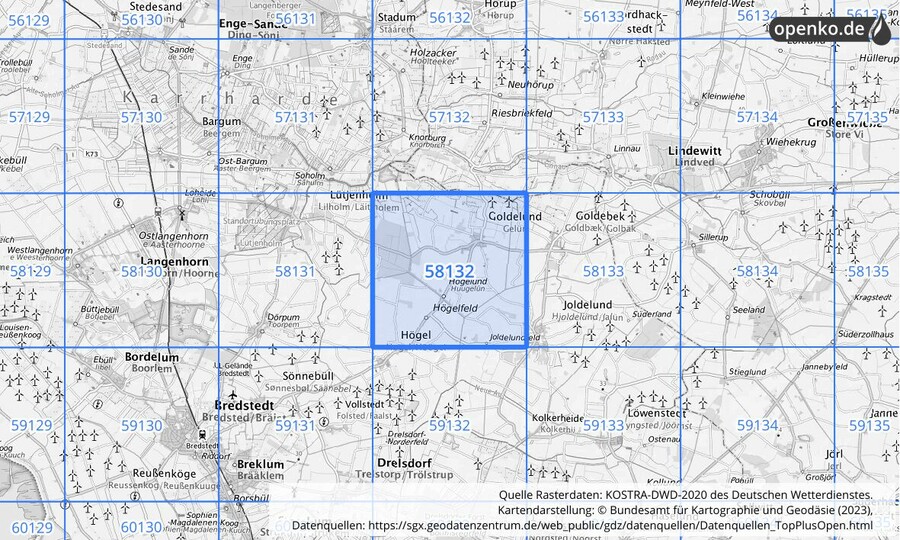 Übersichtskarte des KOSTRA-DWD-2020-Rasterfeldes Nr. 58132